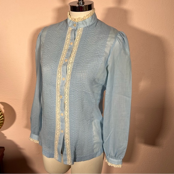 Vintage 60 70 MCM MOD Victorian Blue Lace High Collar Puff Sleeve Tuxedo Blouse - Picture 11 of 16